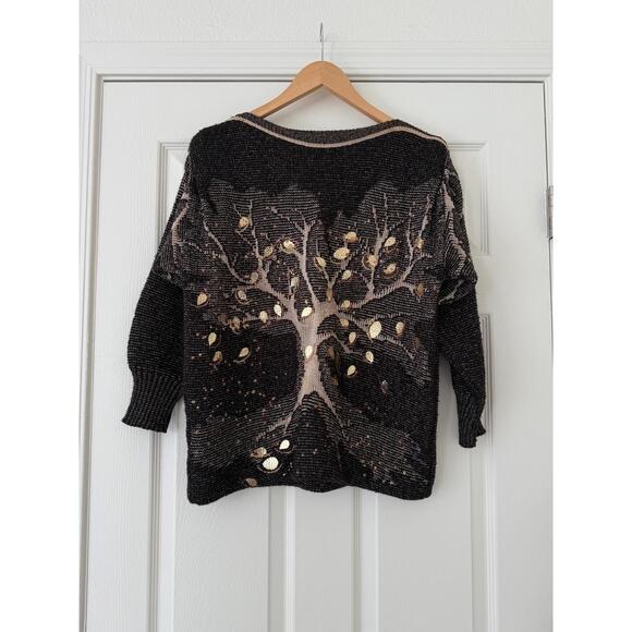 Sweaters - Vintage 80s Helen Knits Black Gold Metallic Tree Sweater
